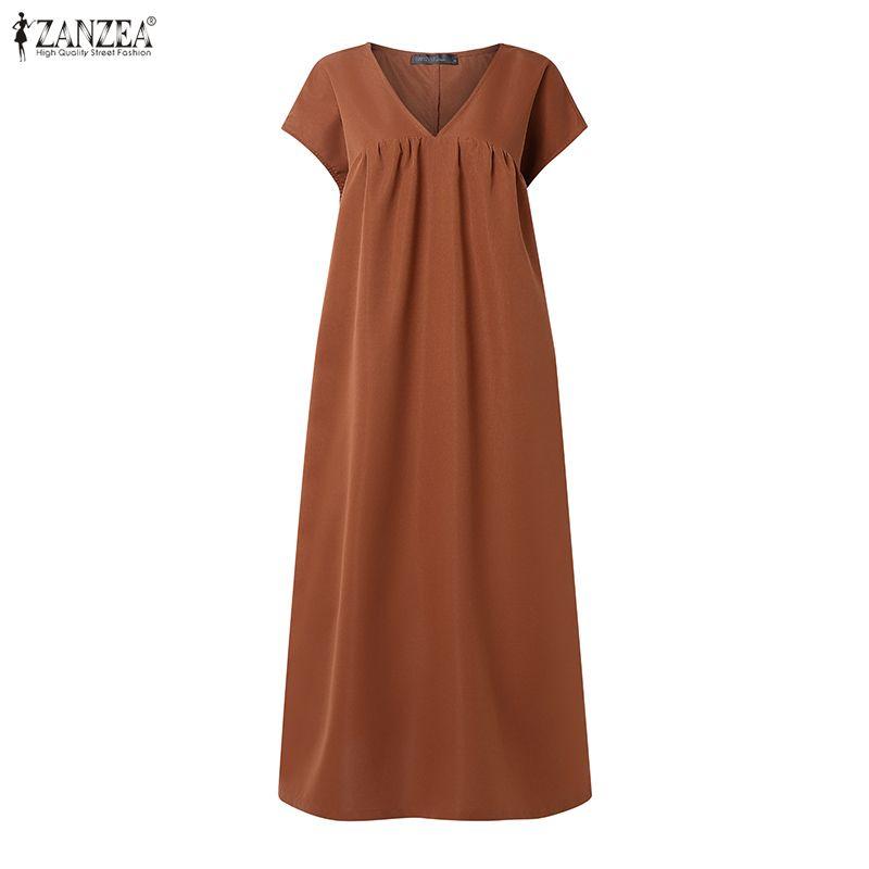 ZANZEA Women Casual V-Neck Solid Color Short Sleeve Long Dress
