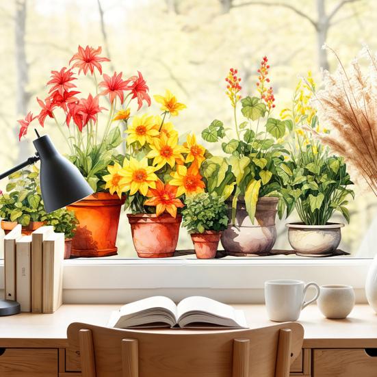 Potted Floral Plants Glass Sticker Removable Waterproof PVC Colorful Flower Static Glass Sticker Home Living Room Bedroom Decoration Decal