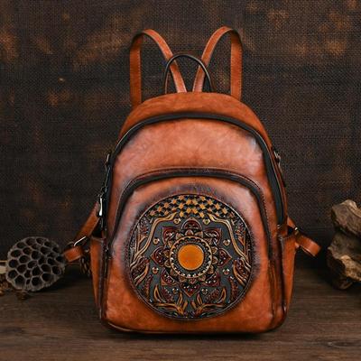 Vintage Women's Backpack Handmade Totem Embossed Large Capacity Leisure Travel Bags