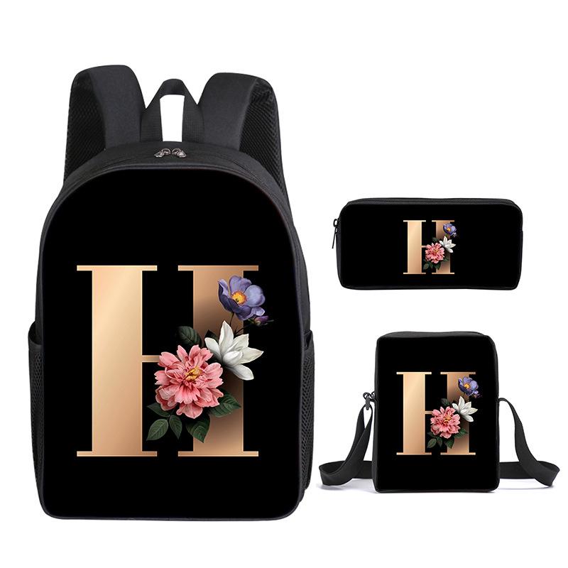 Fashion Novelty Flower letters A-Z 3D Print 3pcs/Set pupil School Bags Laptop Daypack Backpack Inclined shoulder bag Pencil Case