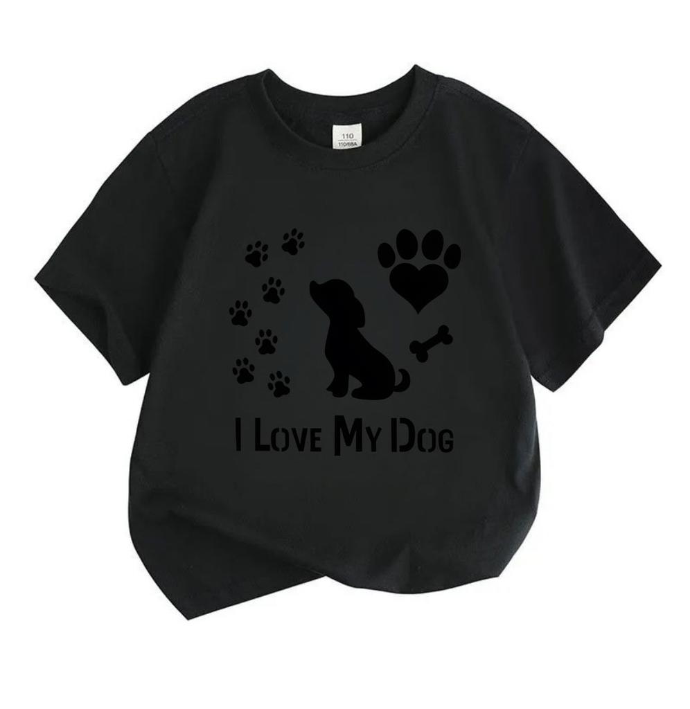 Kids Boys Girls 100% Cotton Crew Neck Short Sleeve T-Shirt, I Love My Dog Paw Print Heart Bone Pattern Casual Soft Tee for Children Daily Wear Puppy L