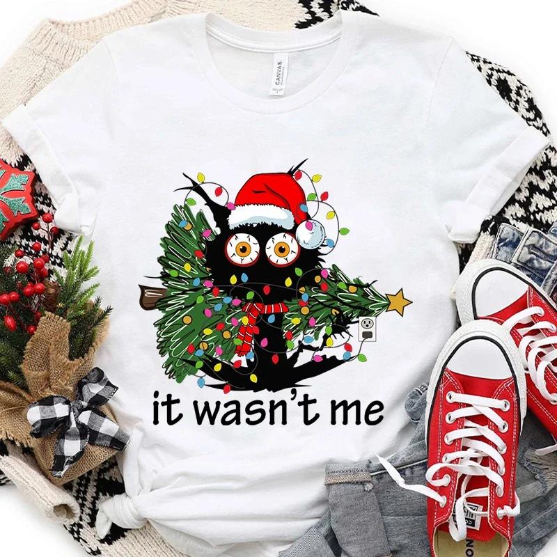 It Wasn's Me Christmas Cat Women's Clothing Christmas Tree Casual Fashion Aesthetics Short Sleeve T-shirt Cartoon Women's T-shirt