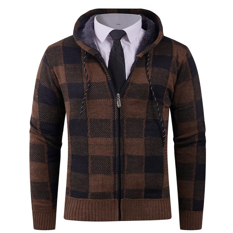 

Men s Plaid Hooded Jacket with Velvet Lining - Autumn/Winter Zip-Up Sweater 2XL жовтий/імбирний