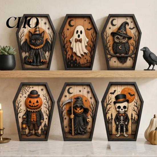 Scary Fireplace Mantel Decorations Halloween Coffin-Shape Wooden Sign Decor, Pumpkin Skeleton Ghost Owl Retro Punk Style Interior Decor Patterns,