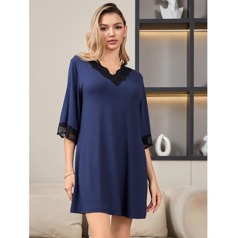 

Lace Patchwork Sexy V-neck Home Wear for Women Large-sized Loose Five-quarter Sleeve Pajamas M темно-синього кольору