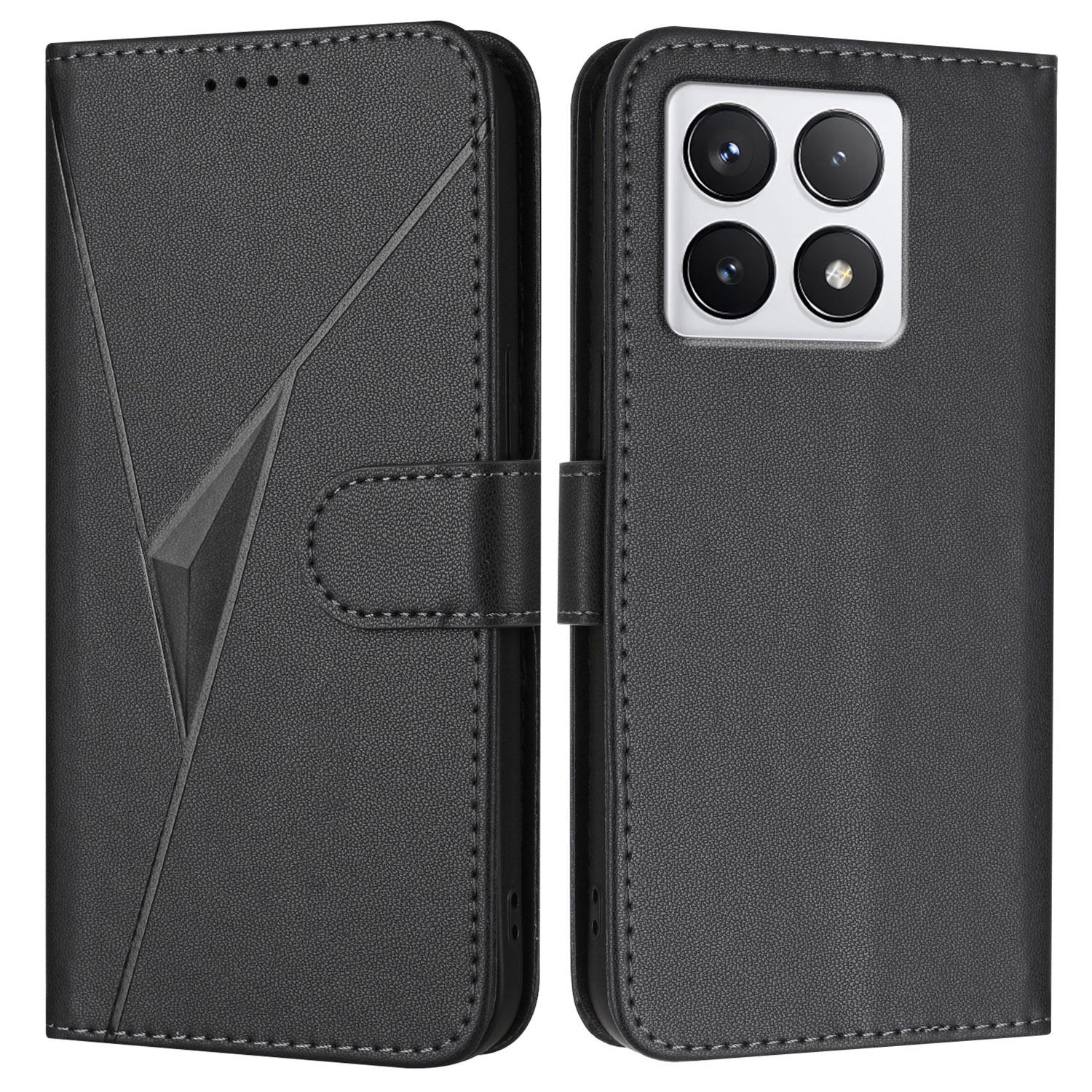 

YX0090 For Xiaomi 14T Case Triangle Imprint Leather Phone Cover with Lanyard Black