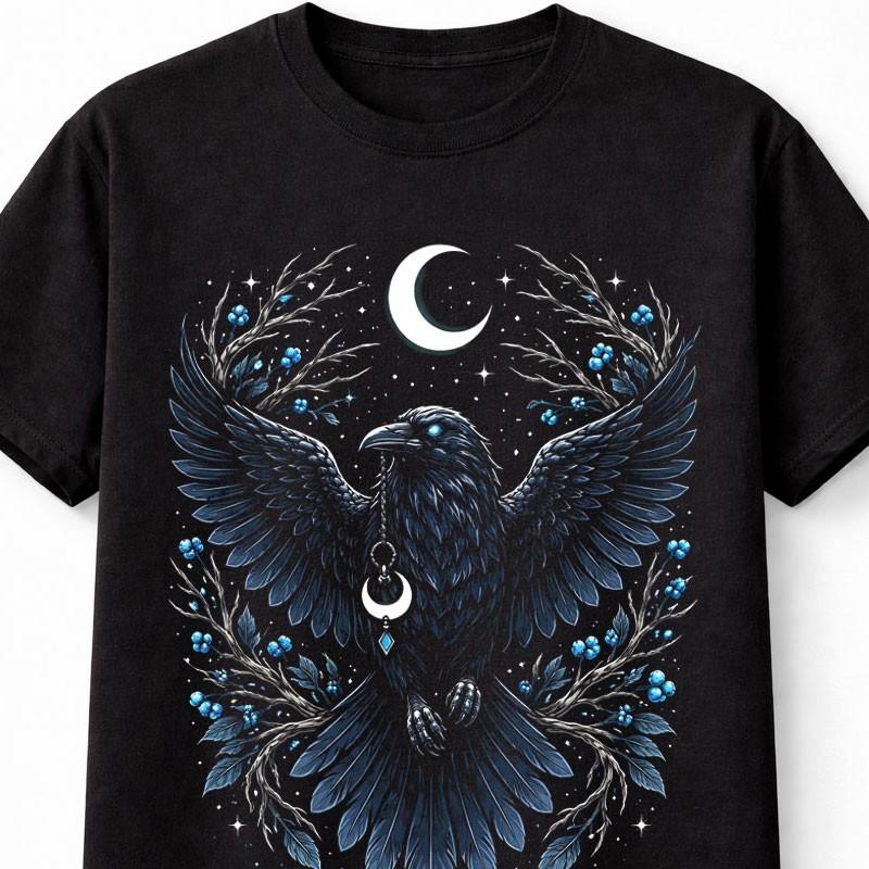 Mystic Raven Moon Lunar Gothic Fantasy Black Graphic Unisex TShirt