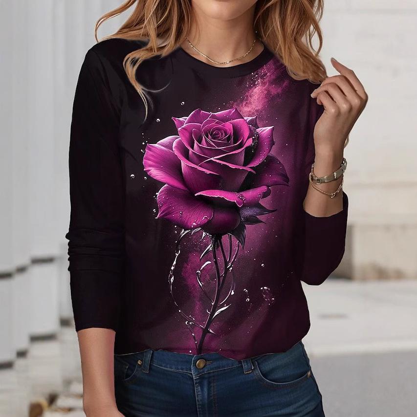 

Весенне-осенняя модная футболка с круглым вырезом и 3D-цветочным принтом, красочная свободная футболка с длинным рукавом S