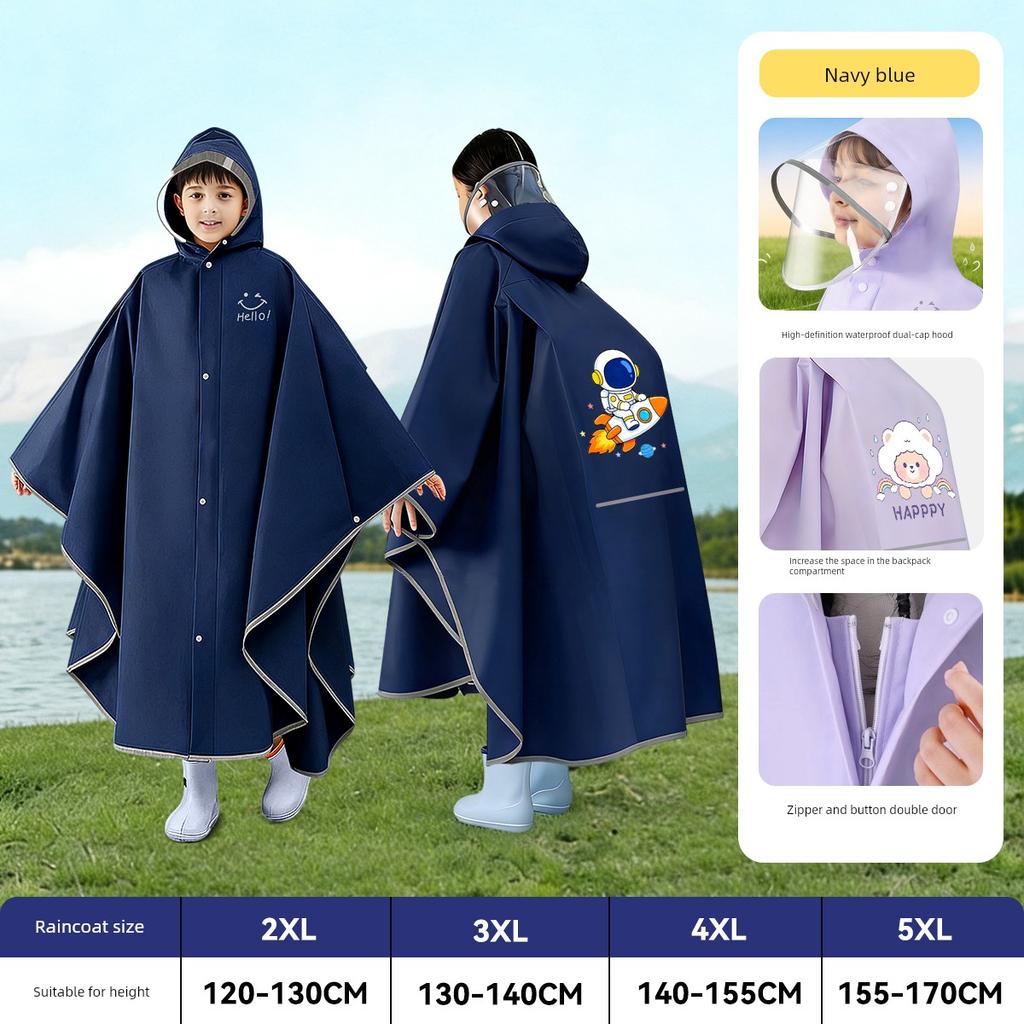 Children's Raincoat for Boys and Girls, Large Kids' Cape-Style Waterproof Poncho with Backpack Space, Suitable for Middle School Students, Can Be