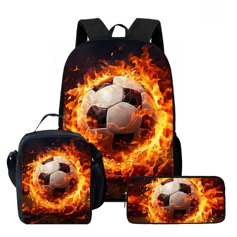 Kids School Backpack Set With Lunch Bag Pencil Case - Football Print Oxford Fabric Ergonomic Design Elementary Students