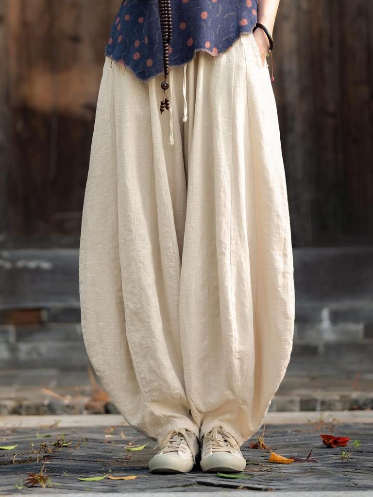 Women's Artistic Retro Loose Cotton Linen Pumpkin Patchwork Lantern Pants