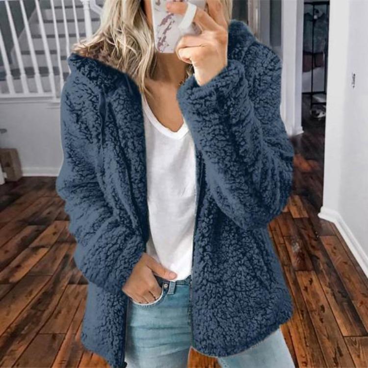 Warme Damen Sherpa Jacke mit Kapuze Fleece Mantel Freizeit Einfarbig Plüsch Reißverschluss Winddicht Herbst Winter Strickjacke