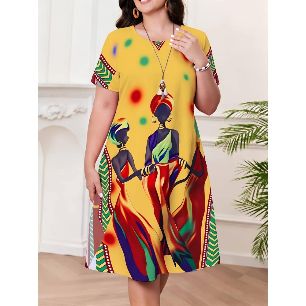 Retro Women's Summer Short Sleeve Round Neck Dress, 3D African Girl Print Casual Dress