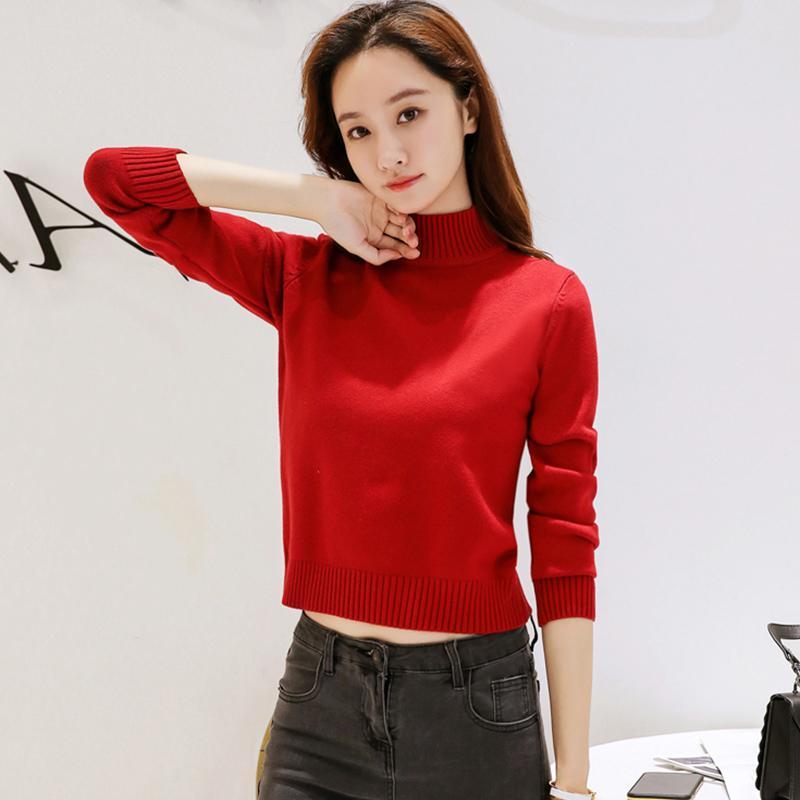 High-waisted Short Knitted Sweater Women's Long-sleeved Versatile Thermal Top Autumn and Winter Semi-turtleneck Thickened Primer Sweater