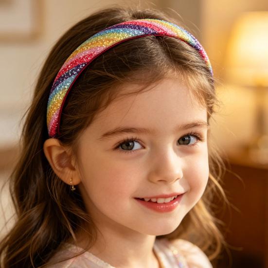 Bandeau pour fille avec peigne à dents lisses et arc anti-glisse Couleur dégradé arc-en-ciel Décoration Cœurs Étoiles Serre-tête