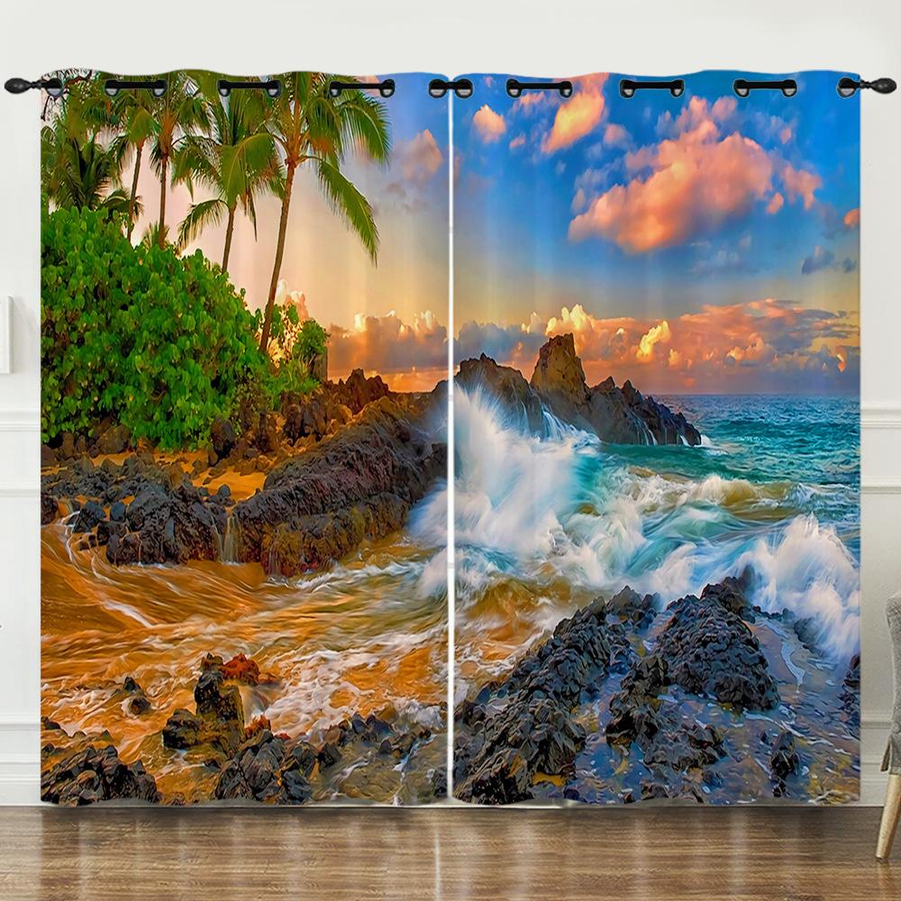 Curtain Oil Painting Landscape Firefly 3D Digital Printing Blackout Curtain Punching