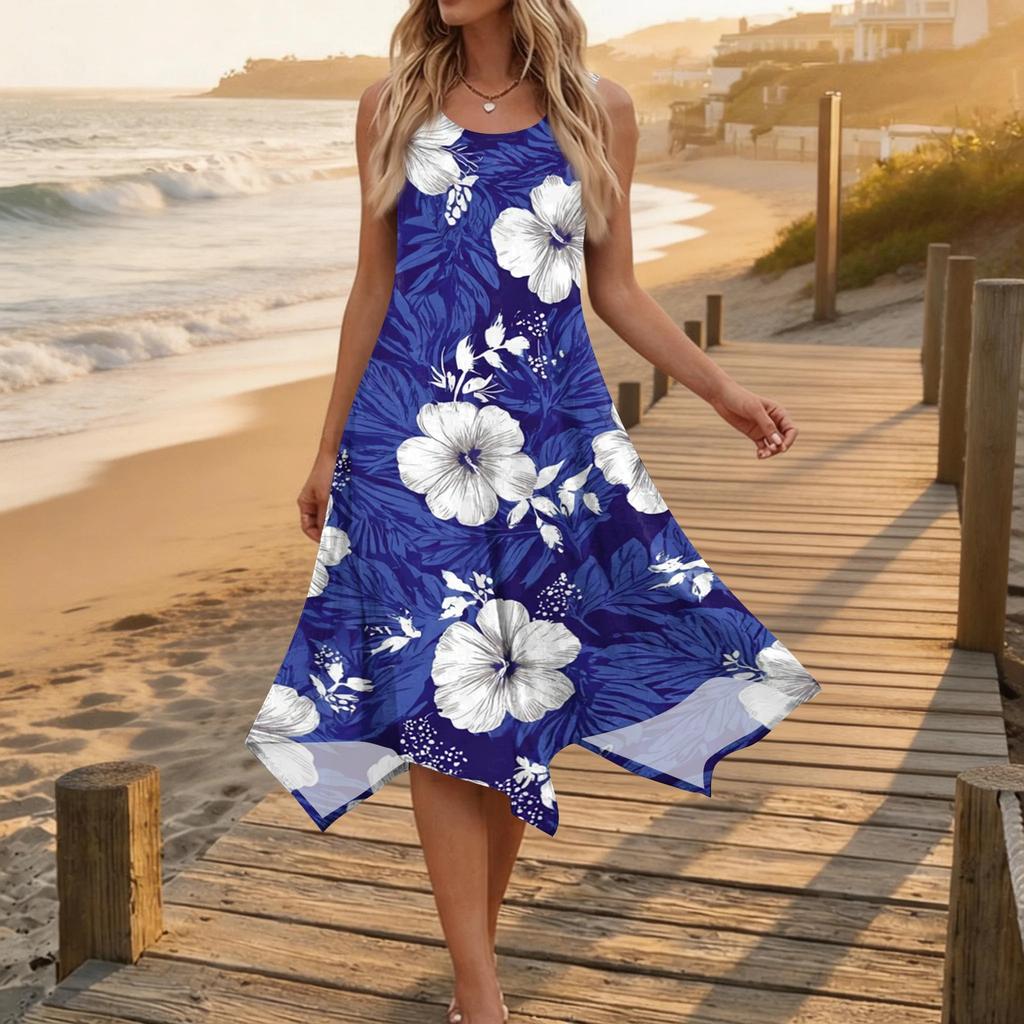 Ärmelloses Midi-Kleid mit Blumenprint für Damen, lässig, Rundhalsausschnitt, unregelmäßiger Saum, Sommer-Strandkleid, leicht, lockere Passform
