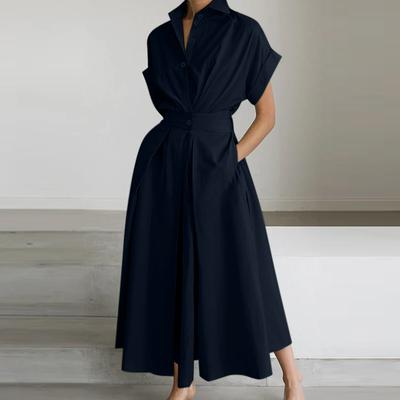 Women Turn Down Collar Short Sleeve Casual Long Shirt Dress