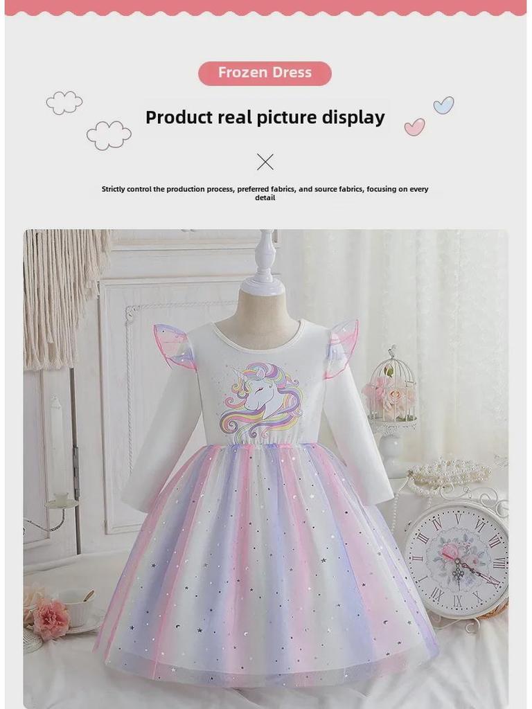 2025 Girls' Unicorn Rainbow Princess Dress: Long Sleeve, Sequined Mesh, Spring/Autumn Birthday Outfit