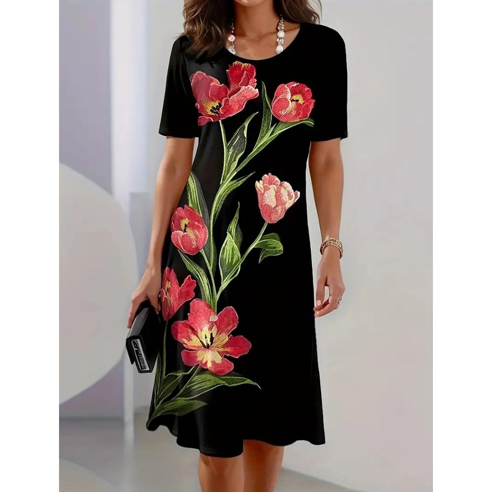 Women's Short-sleeved A-line Skirt 3d Color Printed Pullover Dress Fashionable and Elegant Summer Loose Round Neck Dress