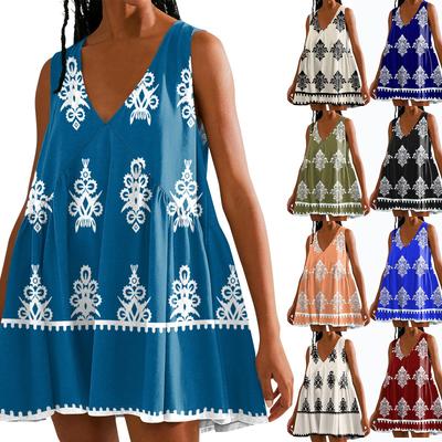 Damen Casual Polka Dot Print V-Ausschnitt Strand Ärmelloses Kleid Kurzer Rock