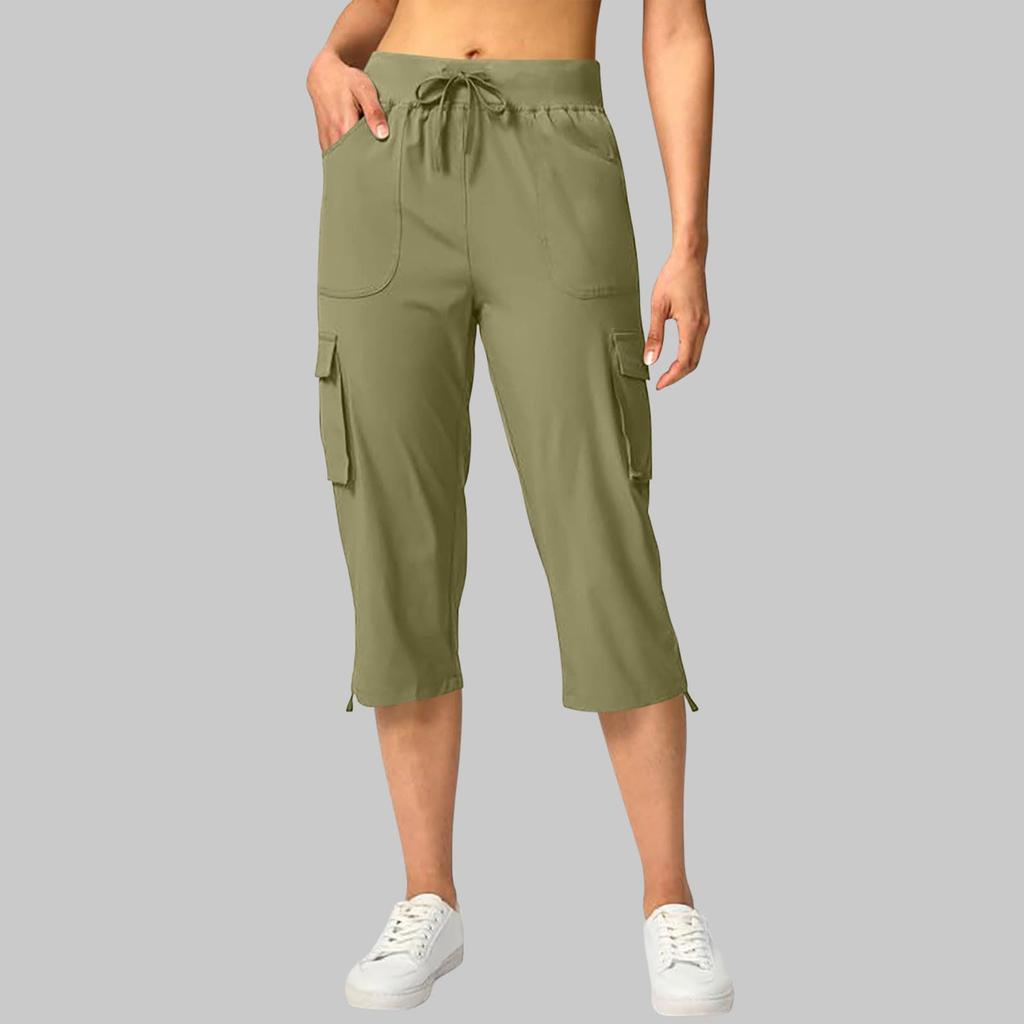 Women’s Drawstring Waist Cargo Capris with Multiple Pockets and Adjustable Hem for Outdoor Activities
