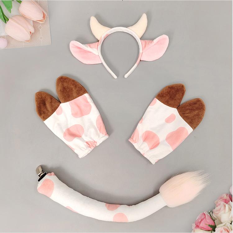 Plüsch Kuhohren Stirnband Pelziger Schwanz Rinderhufe Pfoten Handschuhe Tier Fursuit Kostüm Zubehör Maskenball Kostüm Cosplay Requisiten One Size