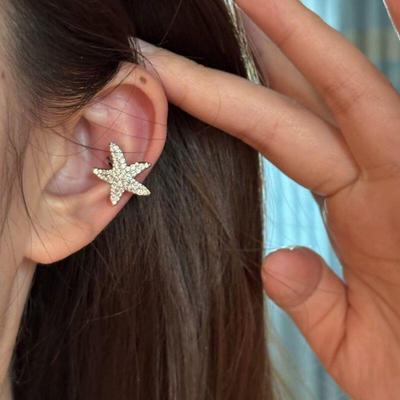 Korean Fashion Full Rhinestone Ear Clip for Women Girls Vintage Silver Color Starfish No Piercing Ear Cuff Party Jewelry Gifts