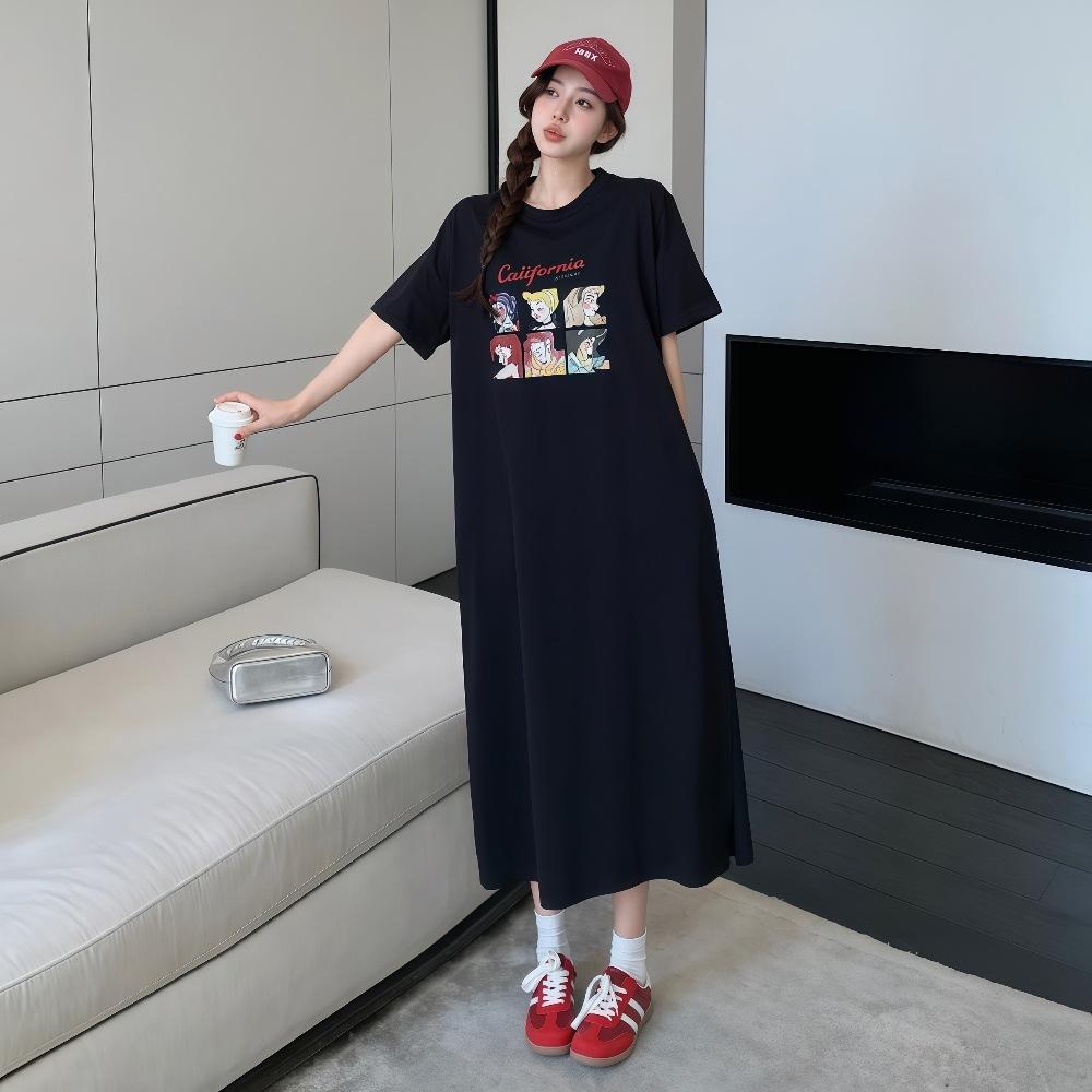 

Women s Dress with Belly Coverage for Slimming Effect Summer Dress Loose Over-knee T-shirt Dress M чёрный