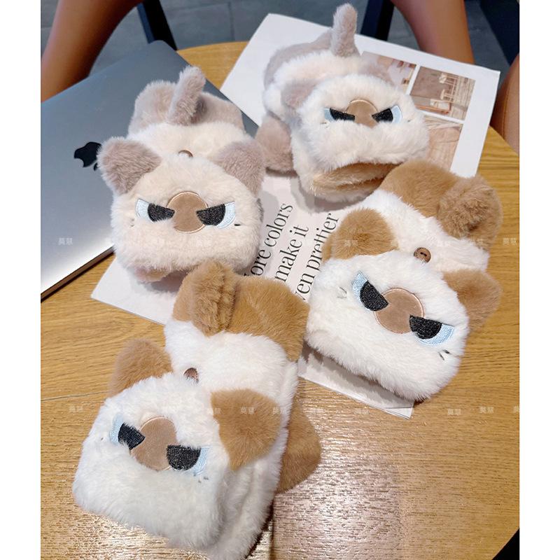 Cute Siamese Cat Flip Half Finger Plush Gloves Women's Season Thickened To Keep Warm Students Writing Cold