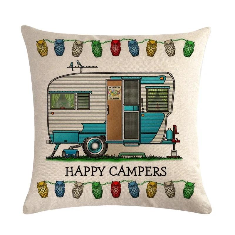 Happy Campers Cartoon Caravanning Linen Cushion Covers Vintage Pillowcase Livingroom Sofa Modern Decorative Throw Pillows Cover-,(1) 30x30cm