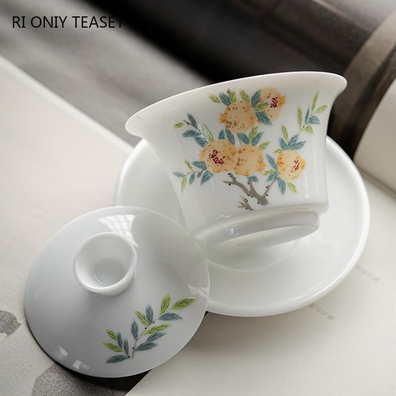 Chinese Ceramic Tea Tureen Handmade Flowers Teacup Suede Jade White Porcelain Gaiwan Travel Portable Tea Bowl Household Tea Set