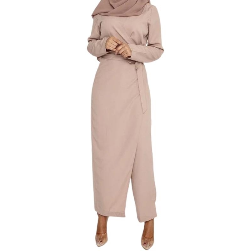 

Женская мусульманская мода для свежих однотонных комбинезонов, платьев, абайи, Дубай, Турция, Ислам, шнуровка, высокая талия, одежда, длинный рукав XL розовый