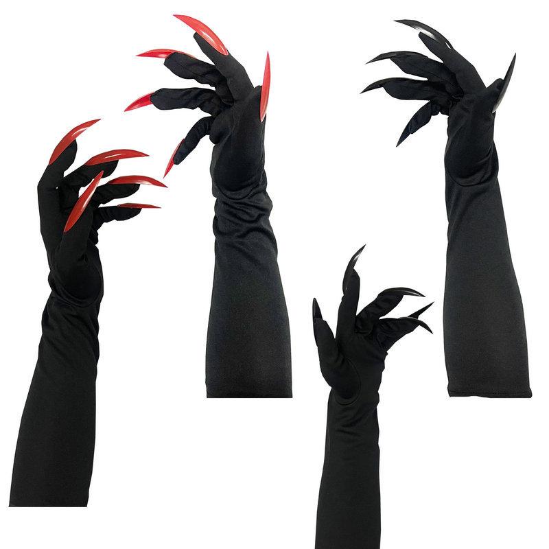 Halloween 40cm Guanti Artigli Spaventosi Unghie Lunghe Accessorio Costume Cosplay 1 Paio Strega Vampiro Demone Mani Elastiche Artiglio Rosso Nero