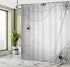 Halloween Shower Curtain, Spiders Hanging From Their Traps Horror Inspired Design Grayscale Cartoon, Cloth Fabric Bathroom Decor