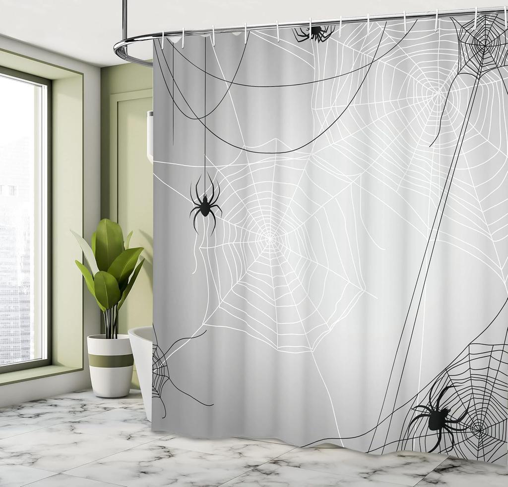 Halloween Shower Curtain, Spiders Hanging From Their Traps Horror Inspired Design Grayscale Cartoon, Cloth Fabric Bathroom Decor