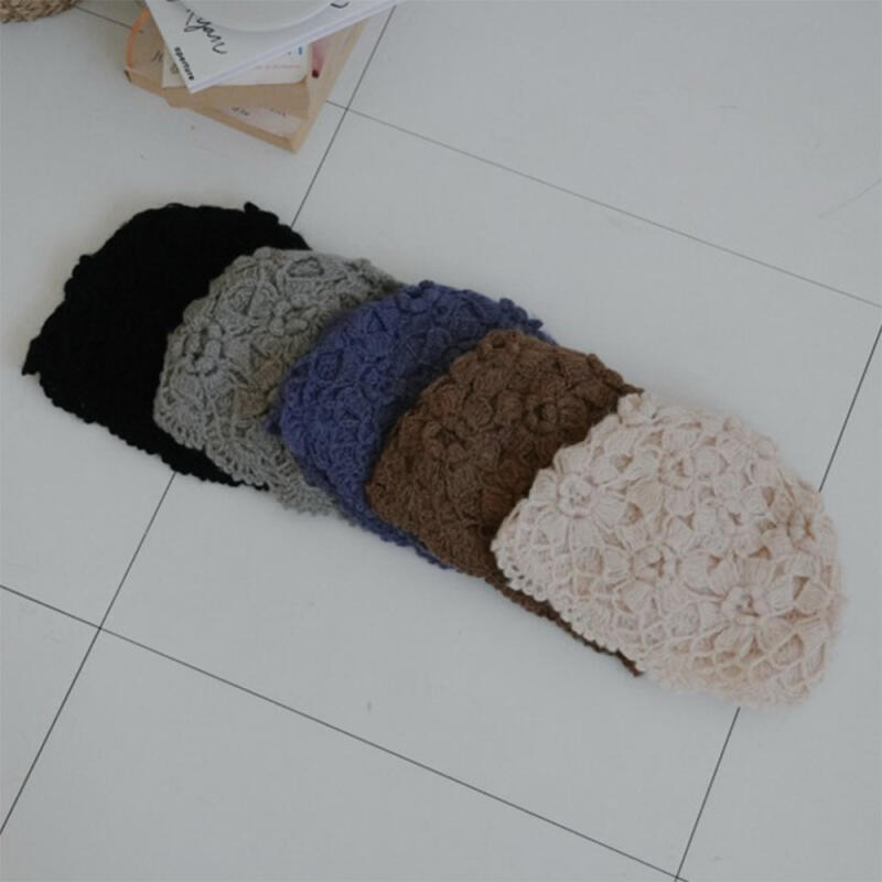 Women s Floral Beanie Fall Winter Knit Wave Design ivory