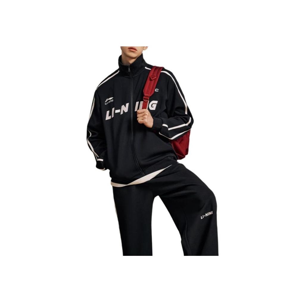 Li Ning Sports Fashion Series American Retro Letter Print Straight Loose Stand Collar Early Autumn Jacket Men Jacket Black AWDU775-2