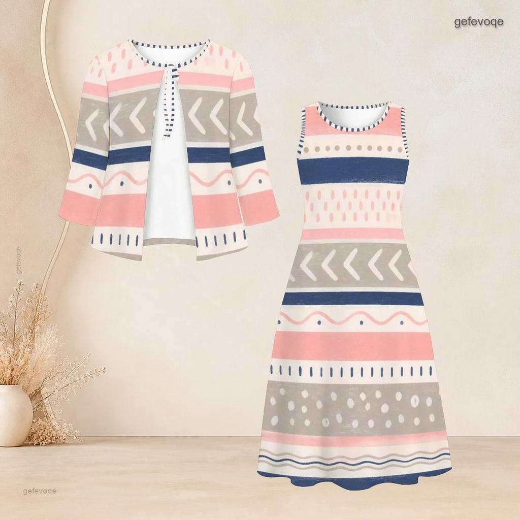 Women Plus Size Two Piece Dress Set Abstract Printed Tie Neck Three Quarter Sleeve Sleeveless Long Dress