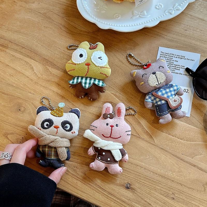 Forest Style Cloth Animal Plush Keychain Cute Rabbit Cat Panda Bear Fabric Doll Bag Pendant Car Keychain Backpack Hanging Decor
