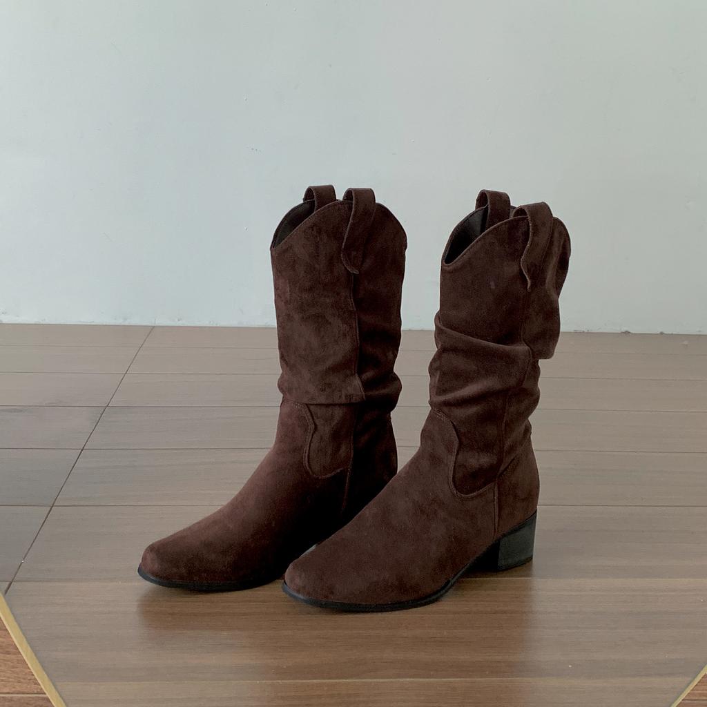 Winter Pleated Women Western Ankle Boots Fashion Pointed Toe Slip On Shoes Ladies Concise Vintage Thick Heel Short Booties