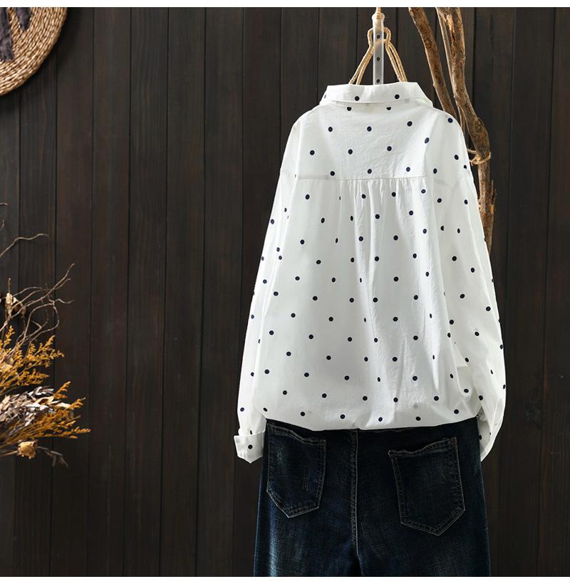 Korean Style Clothes Women Spring Cotton White Polka Dot Print Shirts Long Sleeve Blouses Middle-aged Women's Clothing
