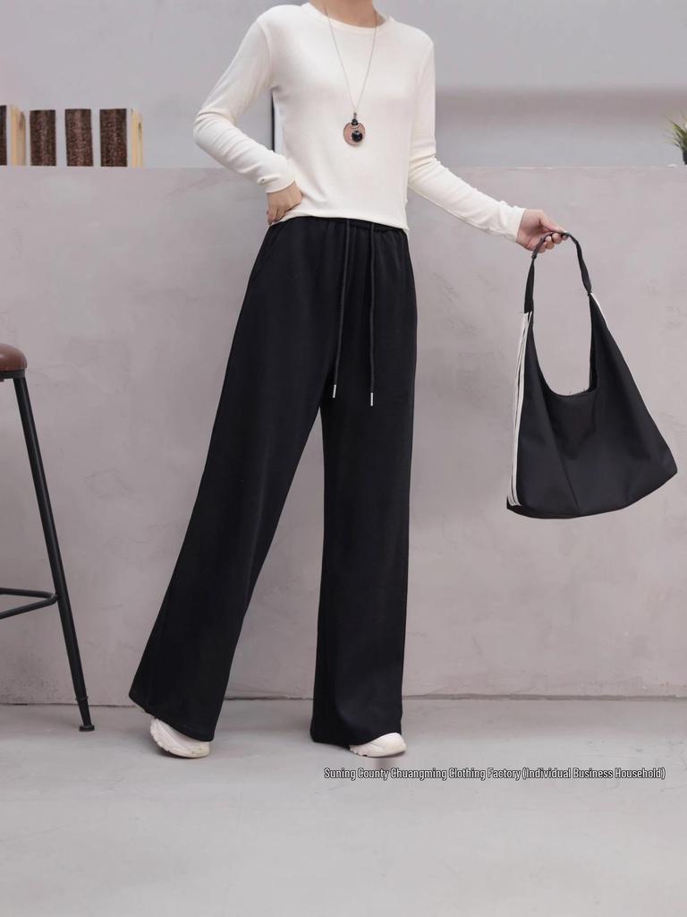 Women's High-Waisted Red Wide-Leg Pants - Slimming, Solid Color, Loose, Casual Fit for Spring & Autumn