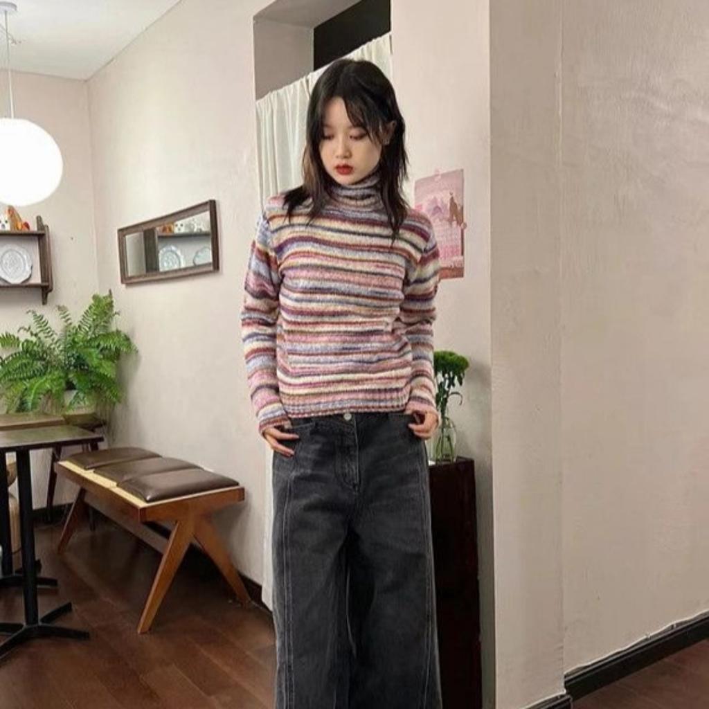 VAYLA Japanese Y2k Turtleneck Sweater Vintage Rainbow Striped Pullover Korean Fashion Knitted Jumper Harajuku Grunge Knitwear