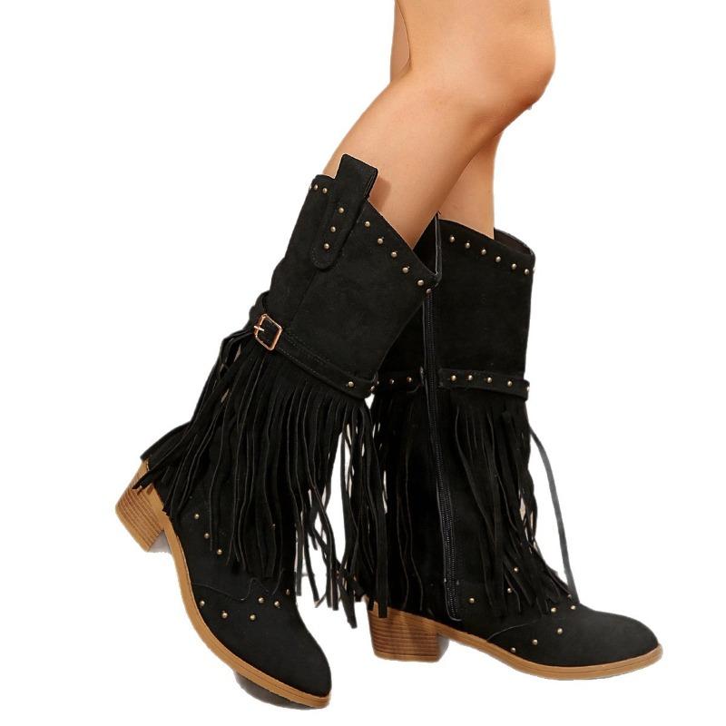 Suede Vintage Fringe Boots 2025 Winter New Rivet Belt Buckle Pointed Toe Mid-Top Boots Plus Size Knight Boots Women