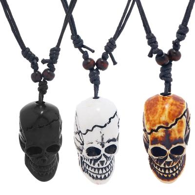 Gothic Bone Skeleton Head Skull Pendant Necklace Adjustable Wax Cord for Men Women Halloween Gift Hip Hop Party Jewelry