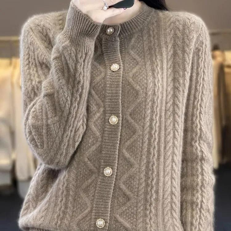 Women's Autumn/Winter Crew Neck Long Sleeve Knit Cardigan Solid Color Soft-Tone Button-Front Sweater