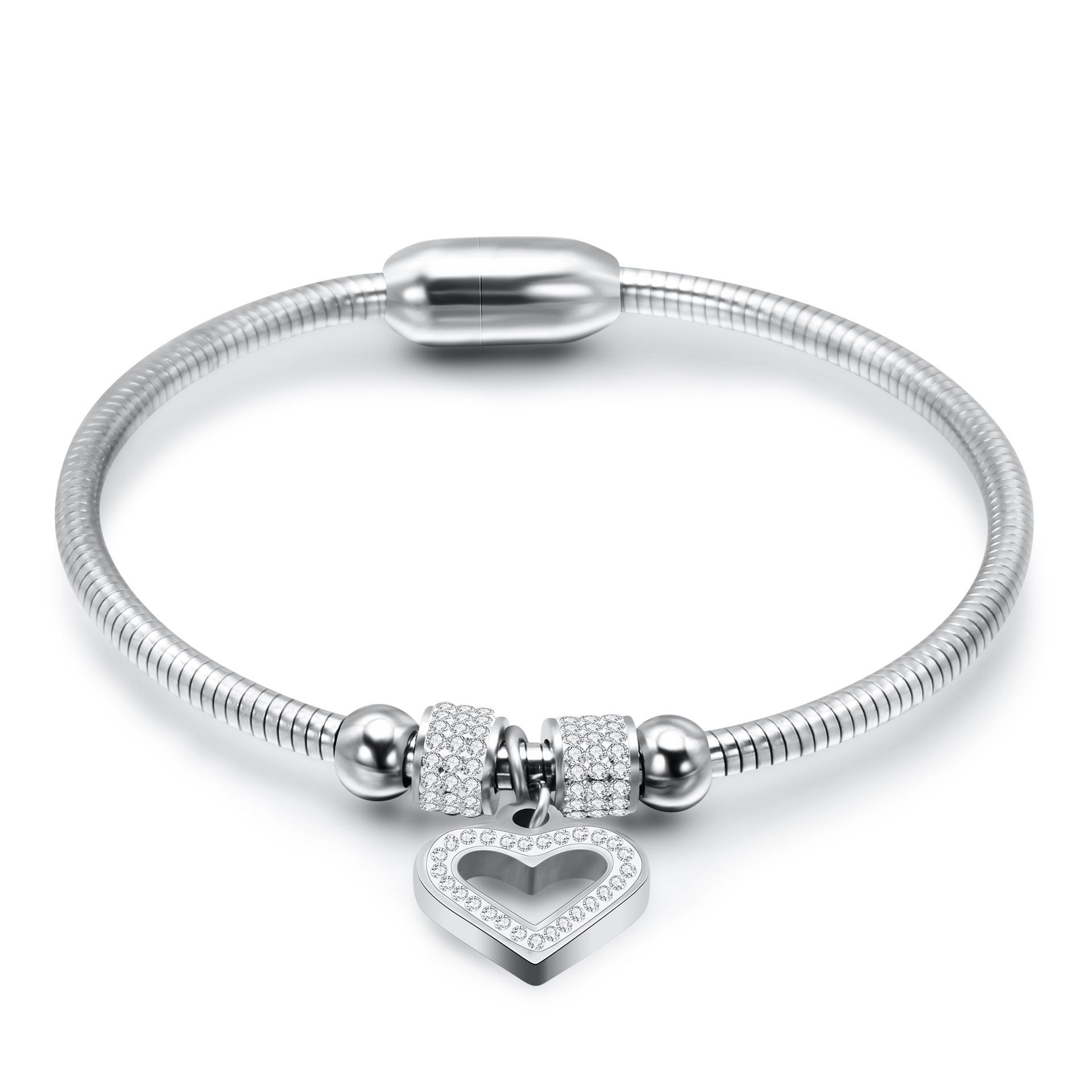 Stylish 3MM Diamond Heart Titanium Steel Snake Chain Bracelet with Magnetic Clasp for Women
