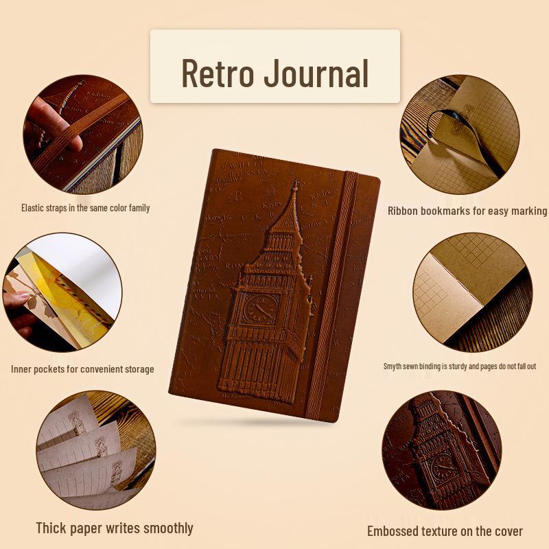 Exclusive Big Ben 3D Embossed A5 Retro Hardcover Planner Notebook with Band Binding