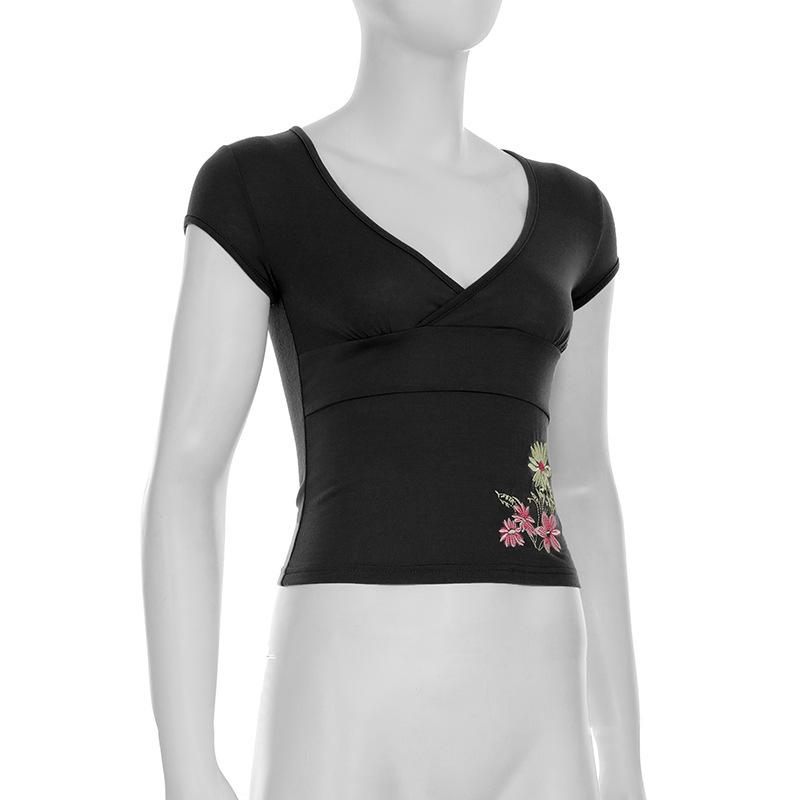 2026 Šik květinový úzký crop top s výstřihem do V a výšivkou pro ženy - Jaro/Léto Sladký a pikantní design